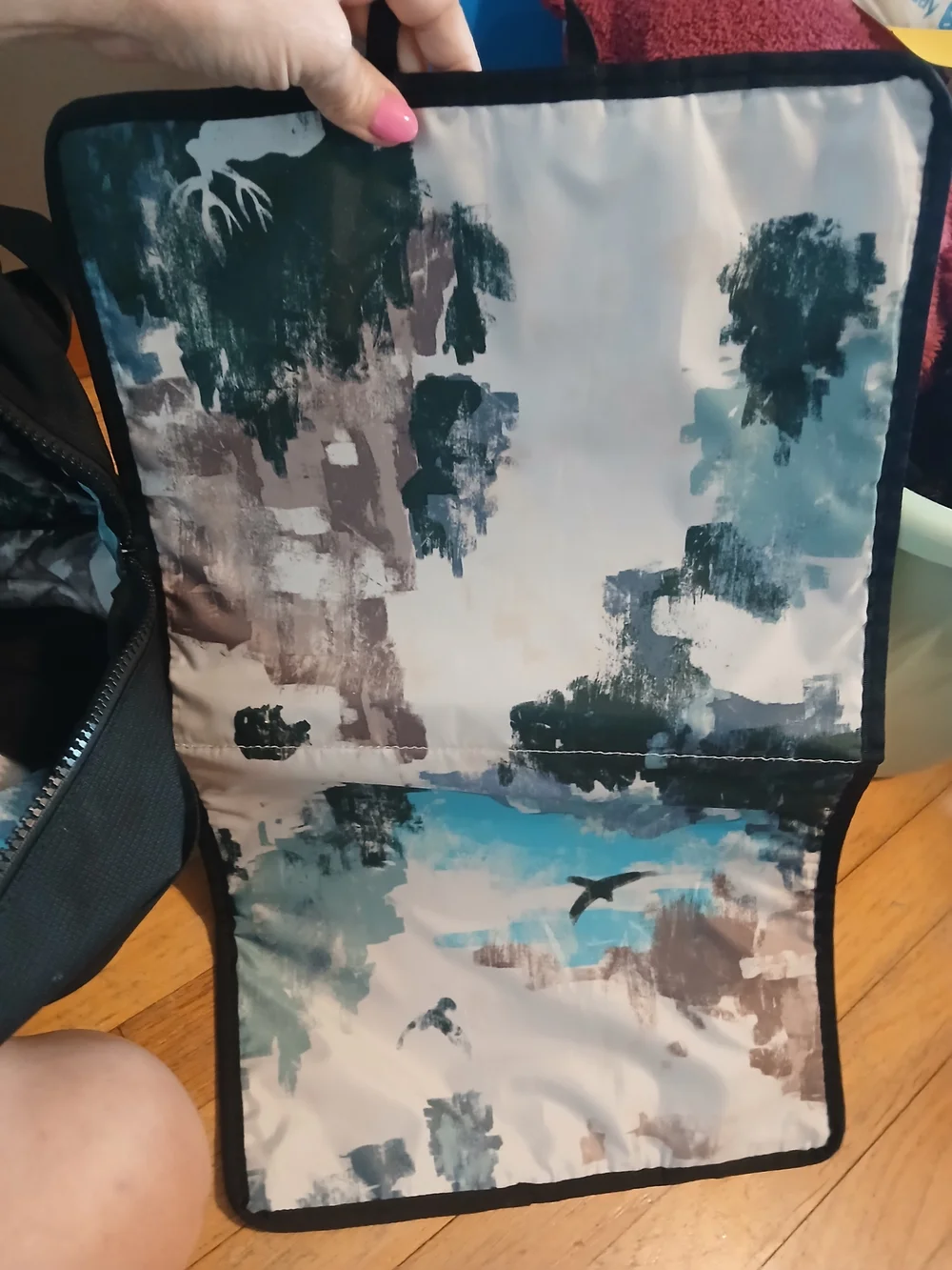 L.L.Bean Black Diaper Bag Backpack with Printed Interior Lining, Zip Closure